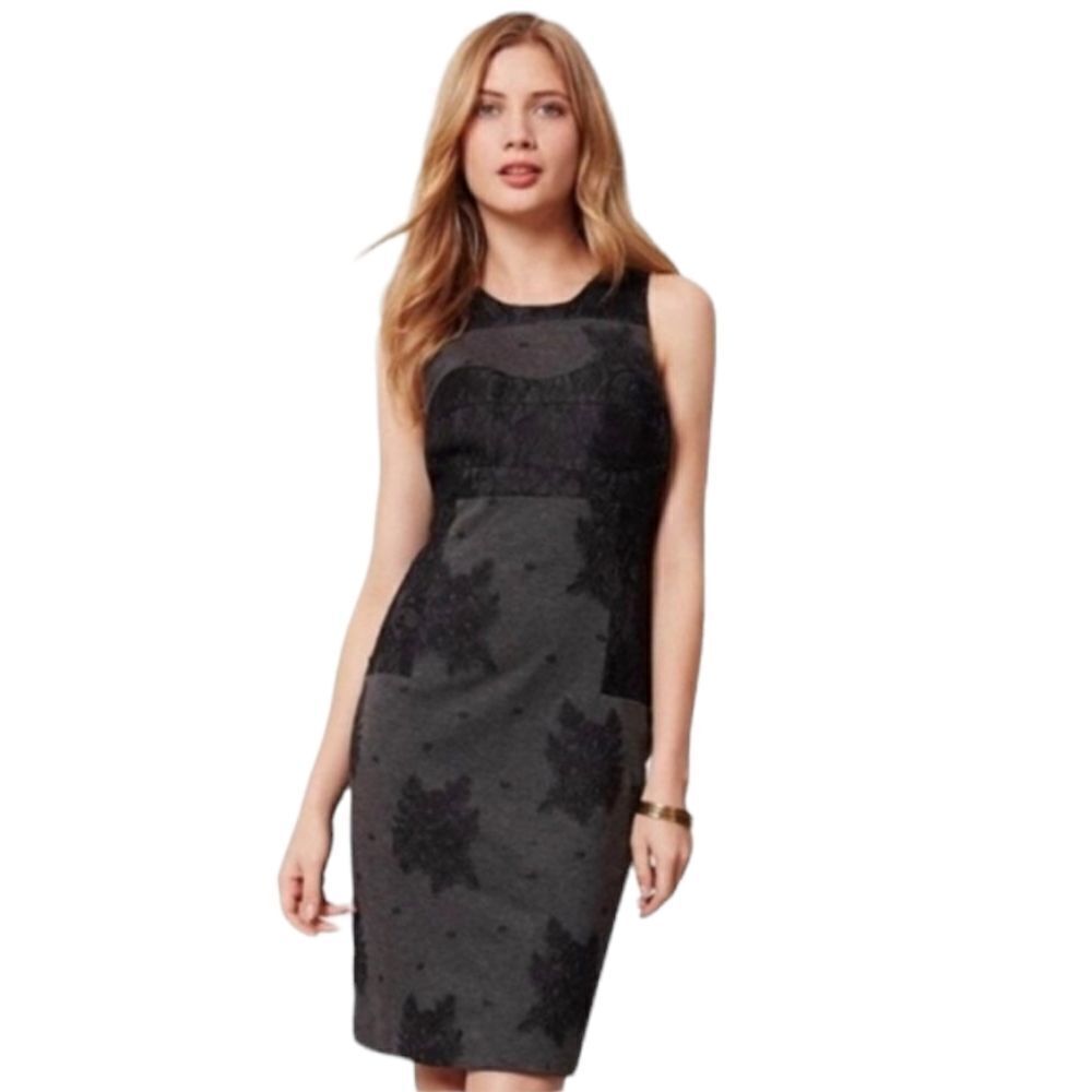 ANTHROPOLOGIE Maeve gray lace flocked‎ sheath jersey dress S